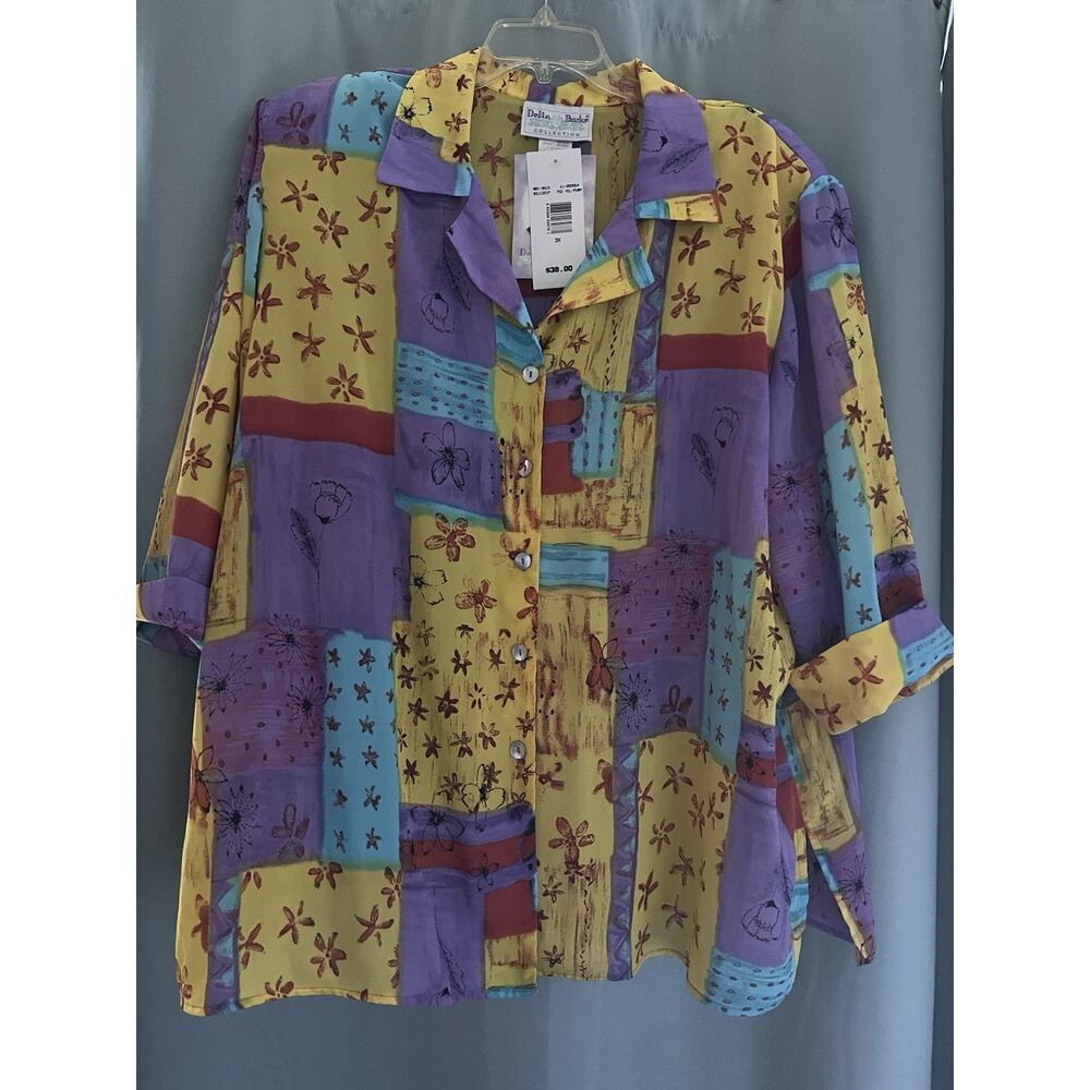 Vintage Delta Burke Collection Patchwork Button-Up Blouse NWT 3x 2x Deadstock